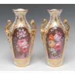 A pair of Coalport lobed ovoid vases, well painted with peonies,