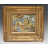 An Italian majolica rectangular plaque, painted in the istoriato manner with tavern revellers,