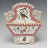 A Coalport wall pocket, well painted with colourful birds, within a gilt scroll cartouche,