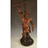 A 19th century hardwood figure, of an African warrior, standing with spear raised,