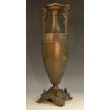 A 19th century Grecian Revival brown patinated bronze table lamp, of loutrophoros form,