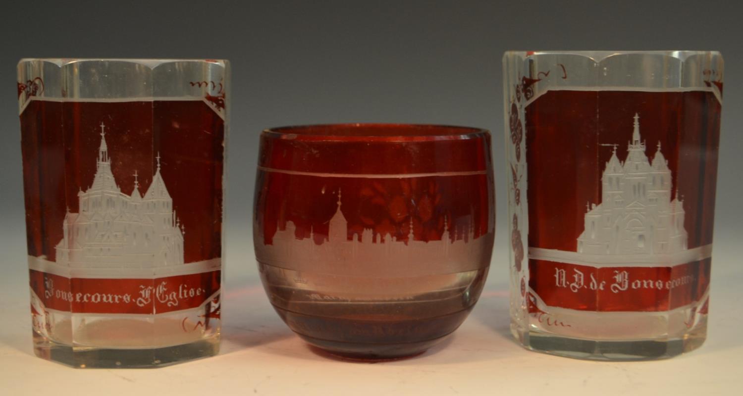 A 19th century Bohemian Named-View ruby and clear glass tapering octagonal goblet, Badehaus, - Image 5 of 6