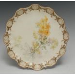 A Doulton Burslem wavy edge plate, painted by David Dewsberry, signed with yellow wild flowers,