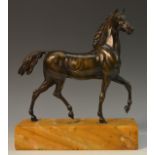 English School, 19th century, a brown patinated bronze, of a stallion, rectangular marble base,