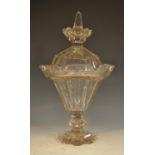 A 19th century glass lantern-shaped pedestal sweetmeat vase and cover, slightly tapering,