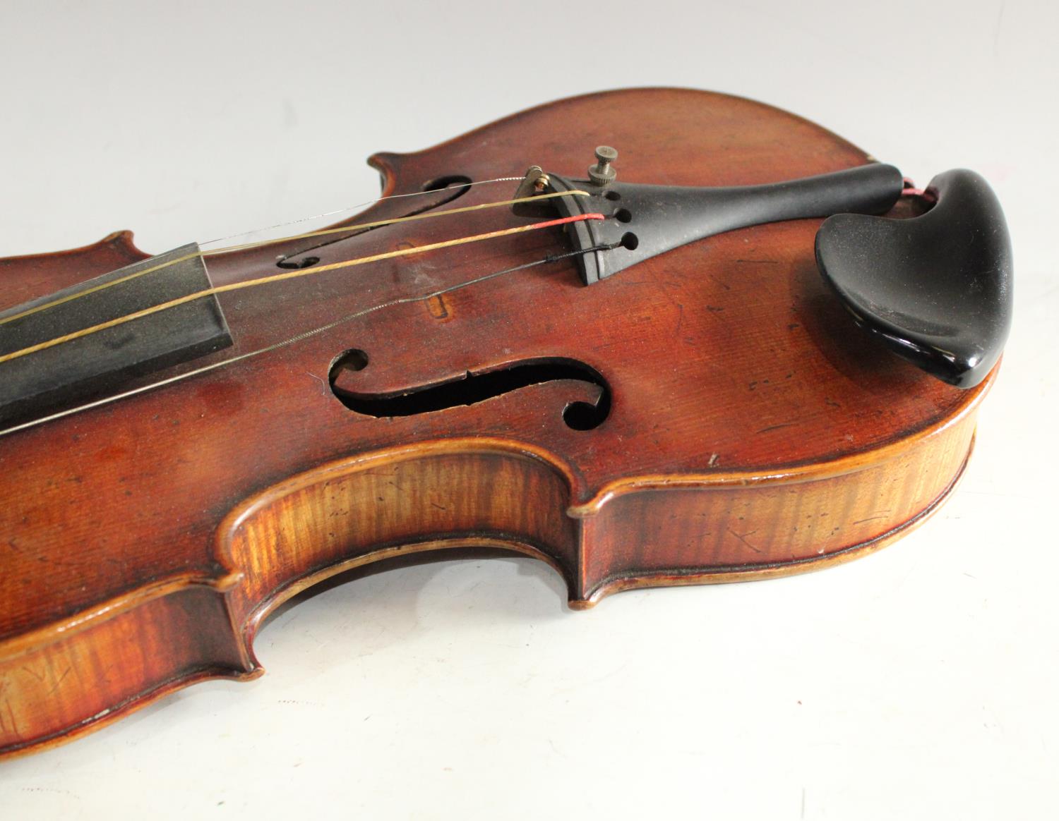 A late 19th/ early 20th century Stradivarius copy violin, two piece back, double line purfling, - Image 3 of 5