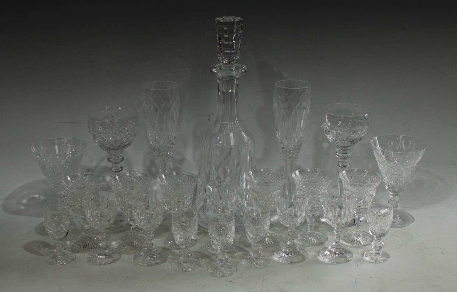 A Waterford type cut glass decanter and stopper, 34cm,