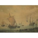 English Maritime School (18th century) Schooners and a British Man-of-War at Sea watercolour and