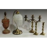 A vintage alabaster urnular table lamp; a desk lamp; a pair of brass candlesticks;