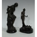 A modern Bronze coloured metal Art Nouveau style figure Girl stood upon a Water Lily pad and flower