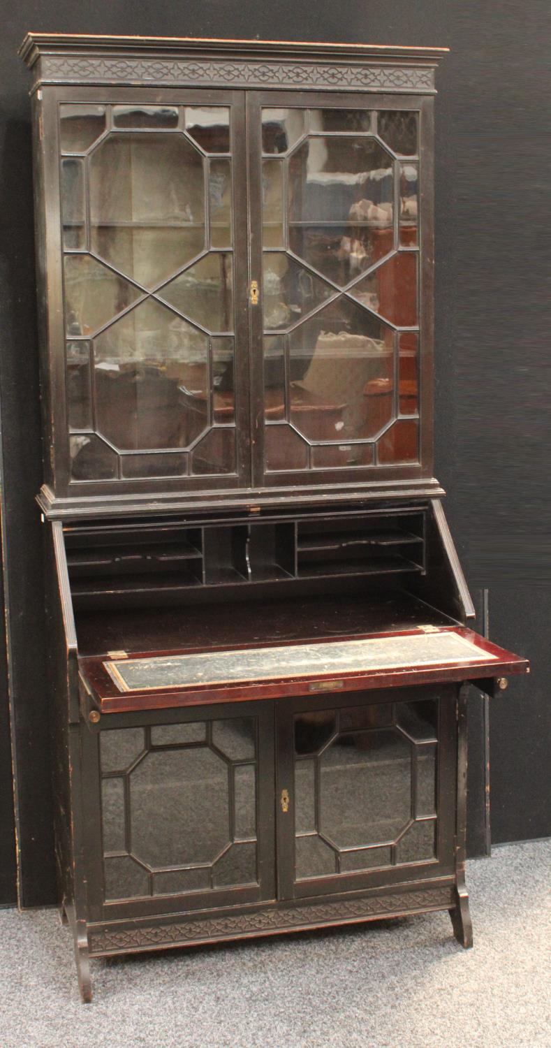 A Chinese Chippendale inspired ebonised bureau bookcase, - Image 2 of 3