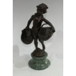 After the French School, a brown patinated bronze, of a scantily clad young girl carrying baskets,