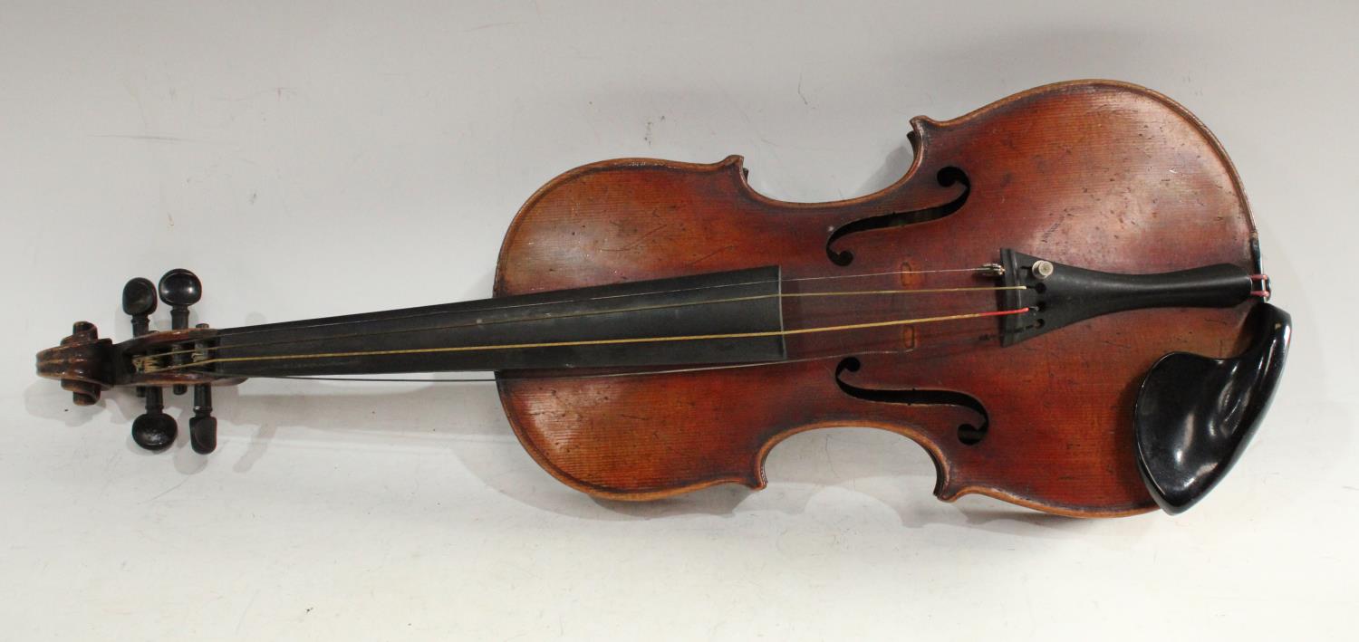 A late 19th/ early 20th century Stradivarius copy violin, two piece back, double line purfling, - Image 2 of 5