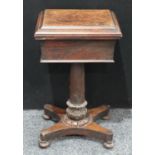 A George/William IV rosewood concave sarcophagus teapoy, hinged cover, spreading cylindrical column,