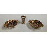 A pair of Royal Crown Derby Imari palette two handled pedestal bon-bon dishes, 13cm wide,