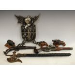 Decorative Weaponary - a wall hanging flintlock pistol; another; axe; shield plaque,