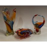 A Murano studio glass tricorn vase, of fluid form in rainbow shades of yellow, red and blue, 27cm,