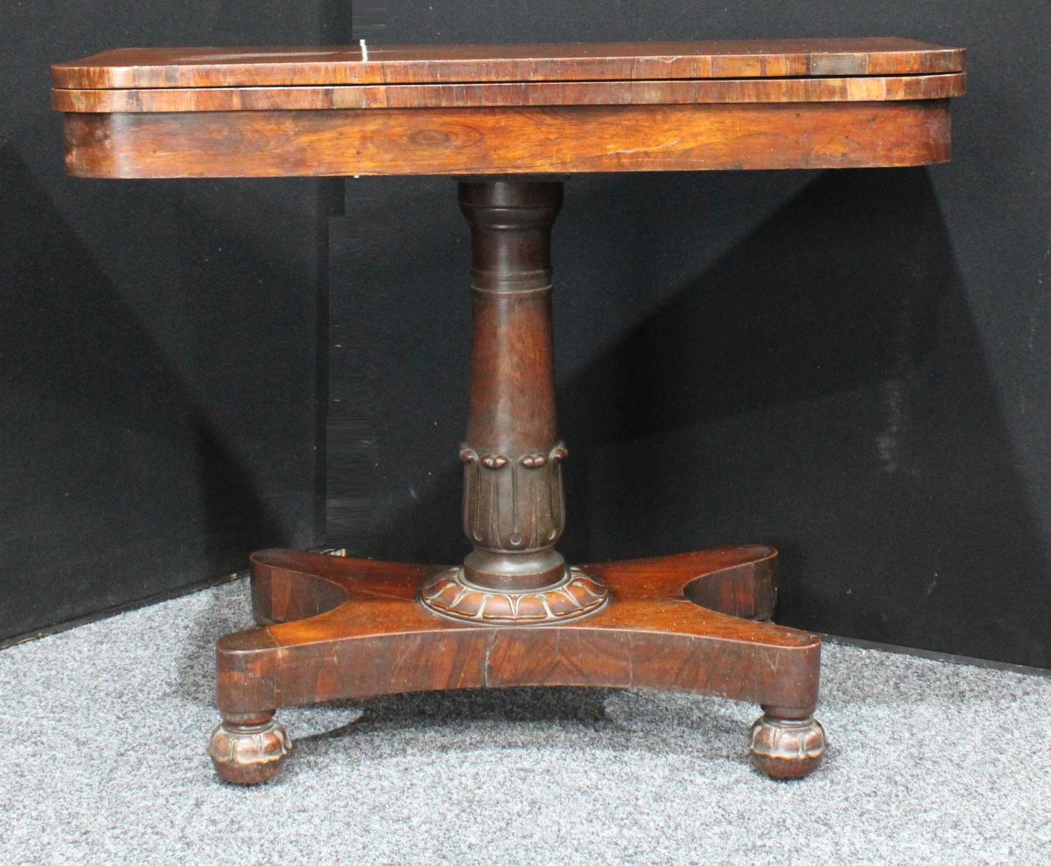 A William IV rosewood card table, hinged top enclosing an inset baize lined playing surface, - Image 2 of 5