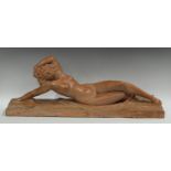 After Bouraine, a French Art Deco style terracotta model of a reclining scantiliy draped nude,