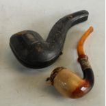 An Austrian silver-gilt and amber mounted meerschaum pipe, hinged cover, 17cm long, c.