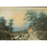 English School (18th century) Picturesque Landscape with Figures on a Bridge watercolour, 21cm x 29.