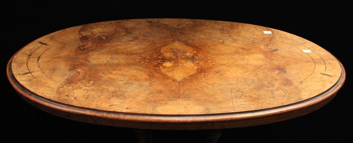 A Victorian walnut and marquetry oval centre table, 90. - Image 2 of 3