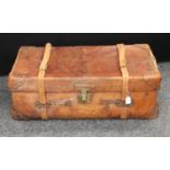 A Merchant Navy brown leather single hide travel trunk, stamped Liverpool, brass mounted, 94cm wide,