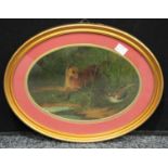 Wheeler (19th century) The Chase, a Fox in Pursuit of a Duck initialled JW, oil on board, oval,