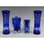 A pair of Bohemian blue overlay waisted cylindrical vases, 26.