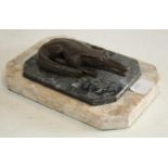 A novelty desk weight, as a Nile crocodile, canted rectangular stepped marble base, 15.