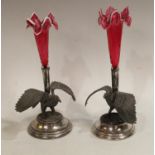 A pair of E.P.B.M specimen vases, as eagles, cranberry glass flutes with opaque edges, 26.