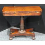 A William IV rosewood card table, hinged top enclosing an inset baize lined playing surface,