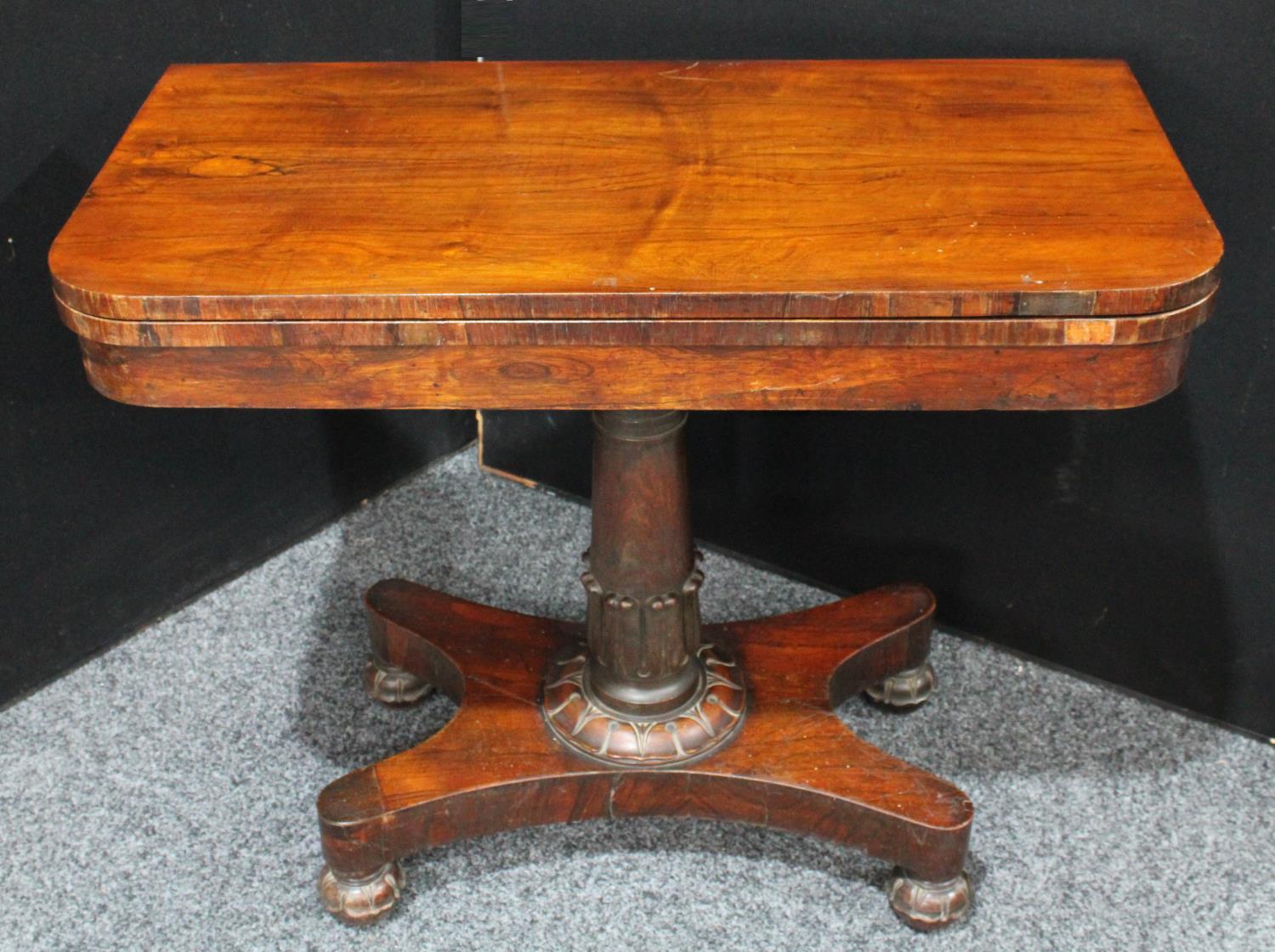 A William IV rosewood card table, hinged top enclosing an inset baize lined playing surface, - Image 3 of 5