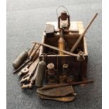 A pine tool chest; various tools, 19th century carpenter's mallet,