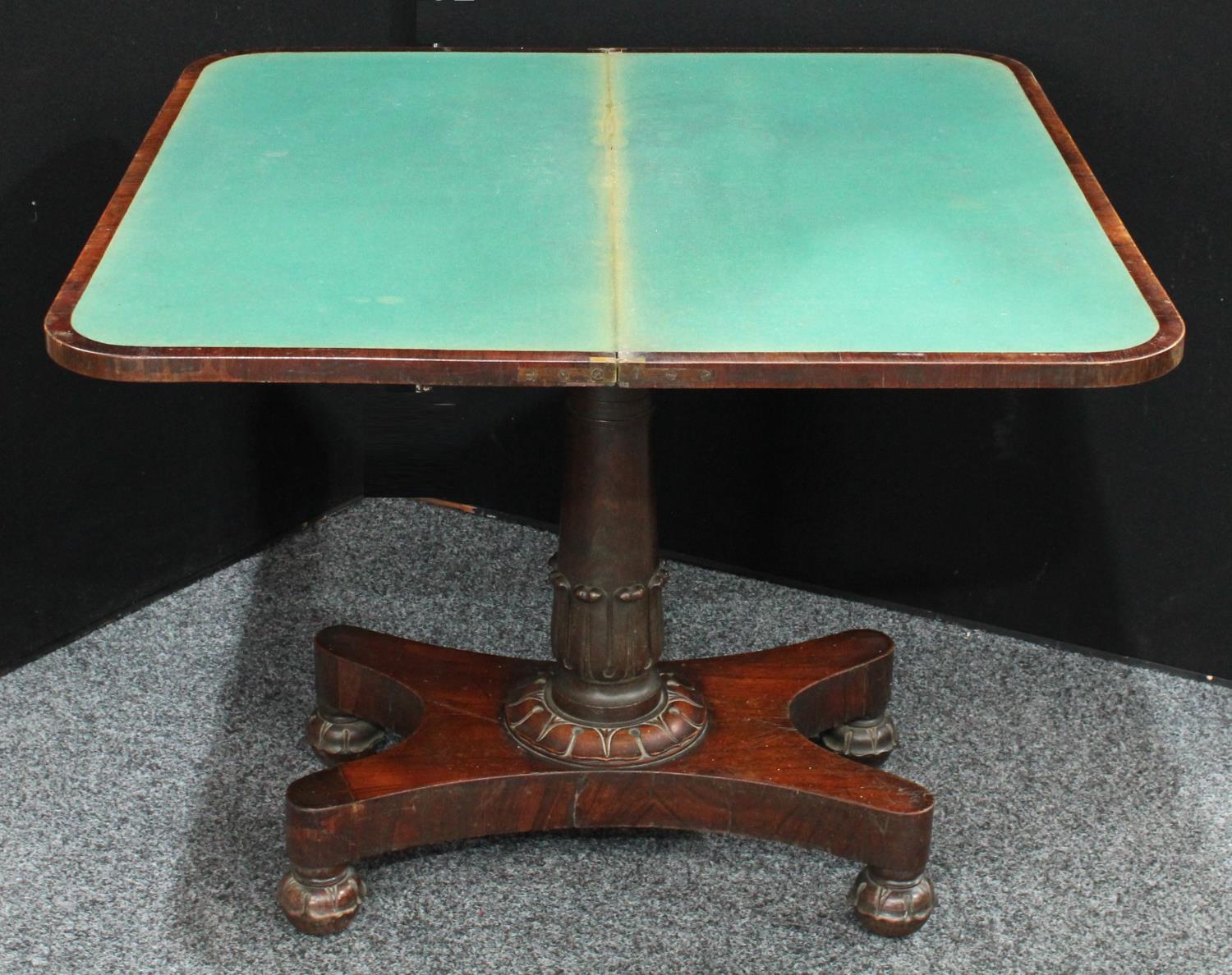 A William IV rosewood card table, hinged top enclosing an inset baize lined playing surface, - Image 5 of 5