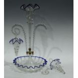 A Victorian clear glass cobalt blue flashed epergne Condition Report: One cane is