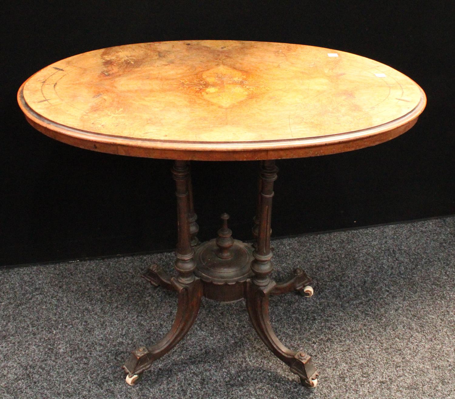 A Victorian walnut and marquetry oval centre table, 90. - Image 3 of 3