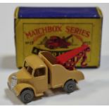 Matchbox Regular Wheels 13a Bedford Wreck Truck - tan body, silver trim, red jib and hook,