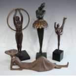 A contemporary Austin cast metal sculpture, Ballerina, leafy metal skirts, 42cm; another, Hoop Girl,