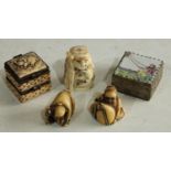 A carved bone netsuke, elder, 5cm; two resin netsuke; a silver plated metal patch pot and cover,