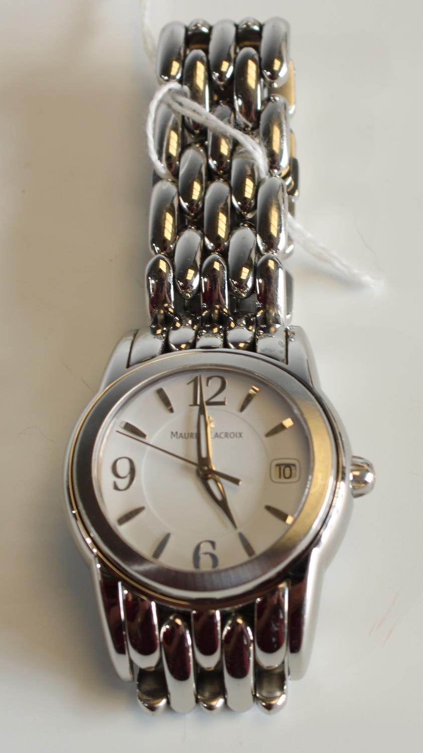 A Maurice Lacroix stainless steel lady's wristwatch, baton indicators, date aperture, boxed, - Image 2 of 2