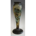 A Galle type tall slender tapering cylindrical vase, carved with white blossom and foliage,