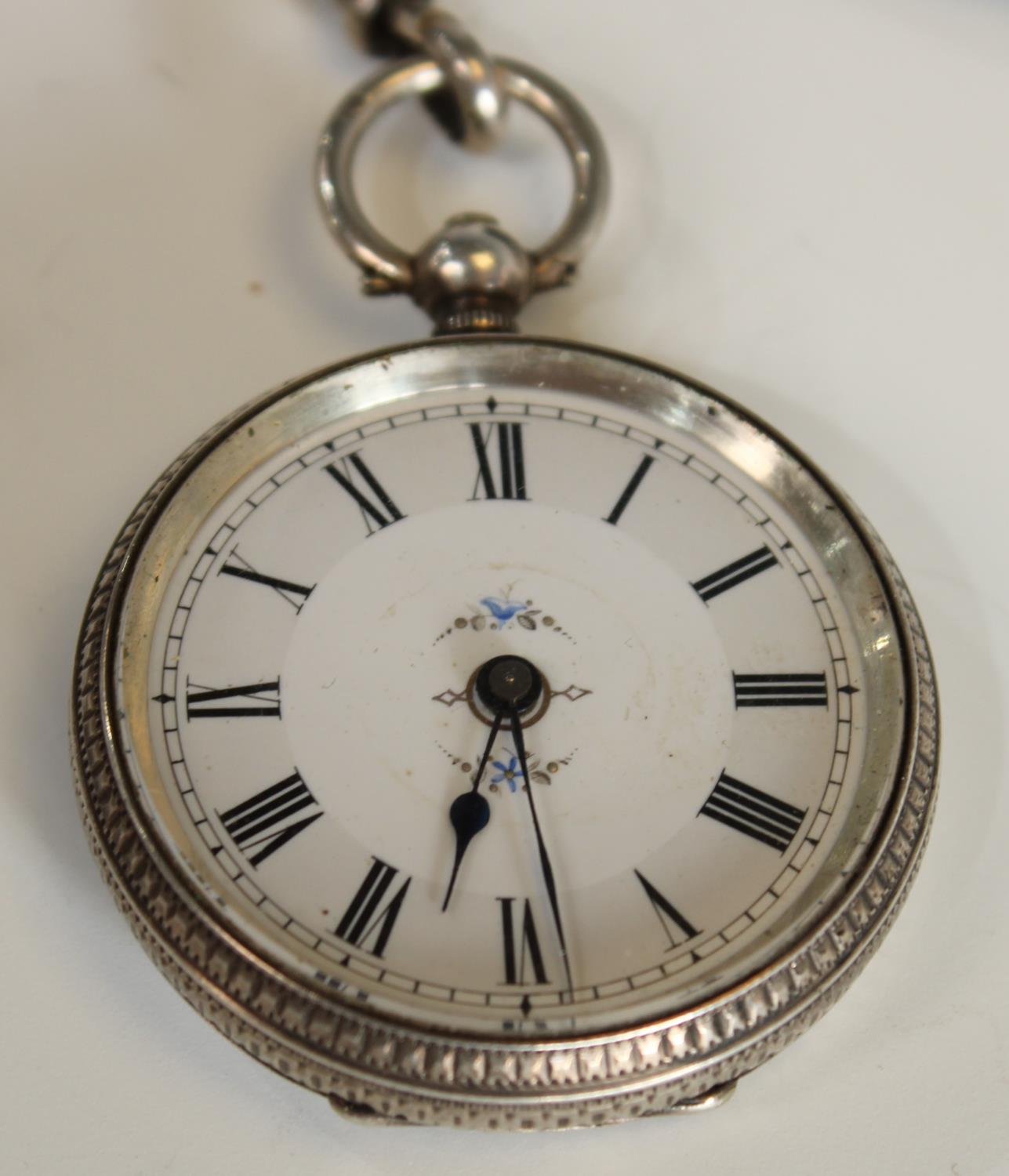 A Victorian lady's silver open face fob watch, Birmingham hallmarks; a white metal lady's fob chain, - Image 2 of 2