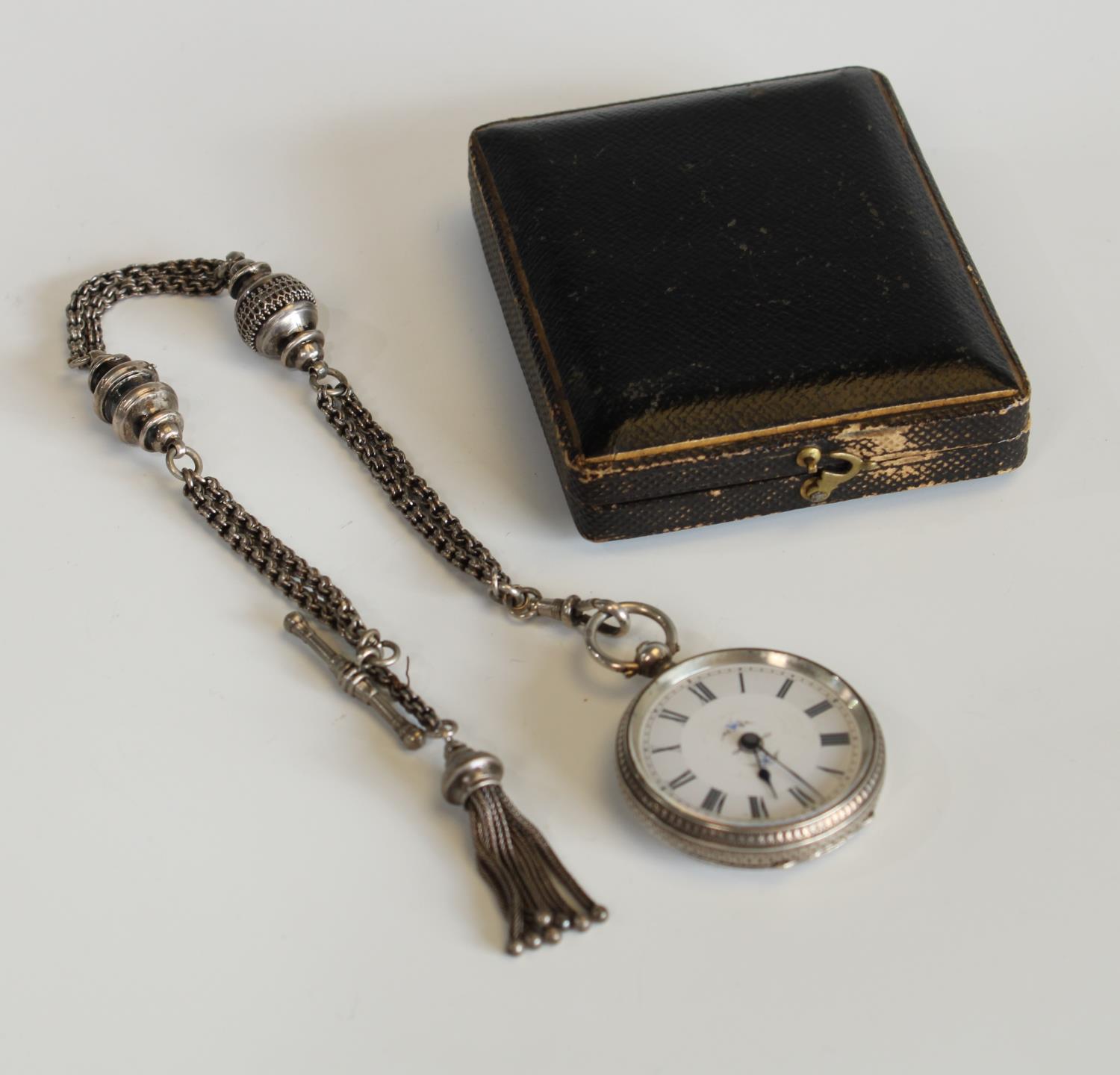 A Victorian lady's silver open face fob watch, Birmingham hallmarks; a white metal lady's fob chain,