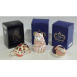 A Royal Crown Derby paperweight, Turtle, gold stopper, boxed; others, Hamster, gold stopper,