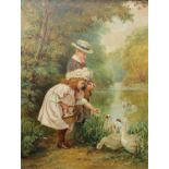 J Hill Feeding The Geese signed, over painted oil on board,