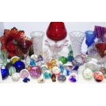 Glassware - various decorative paperweights, including Murano seahorse, coloured glass bird, fish,