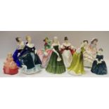 Nine Royal Doulton elegant ladies; including Autumn Breezes, Elaine, Simone, Sara, Hannah (second),