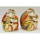 Two Royal Crown Derby paperweights, Imari Monkey, one with gold stopper, the other lacking stopper,