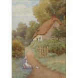 English School (early 20th century) Cottage Garden with Child and Kitten monogrammed CEW,